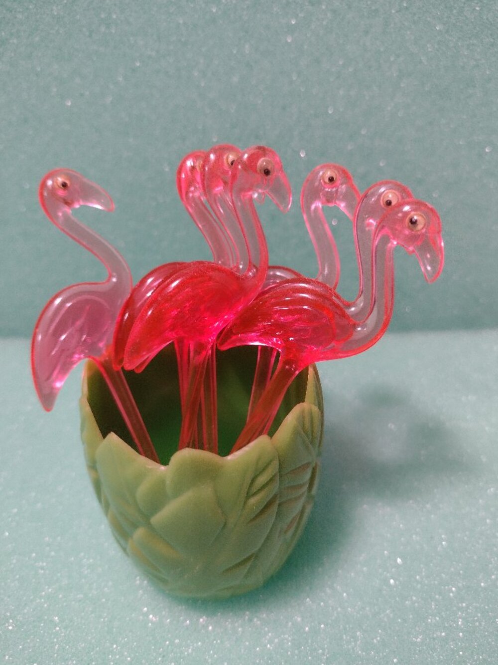 Set of 8 Pink Flamingo Crazy Eyes Cocktail Picks with a Green Leaf Holder
